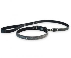 4222-1 Эффектный сверкающий ошейник с поводком Гламур (Черный)